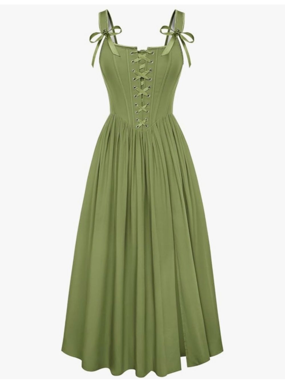 Olive Green Lace-Up Tie Shoulder Maxi Dress